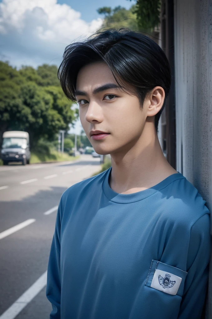 young man in a blue shirt Standing on the roadside with a serious expression, looking into the distance,Eyebrows frowned.,He looked worried.,Turn your head slightly.,Cloudy day, coffee shop, smile
