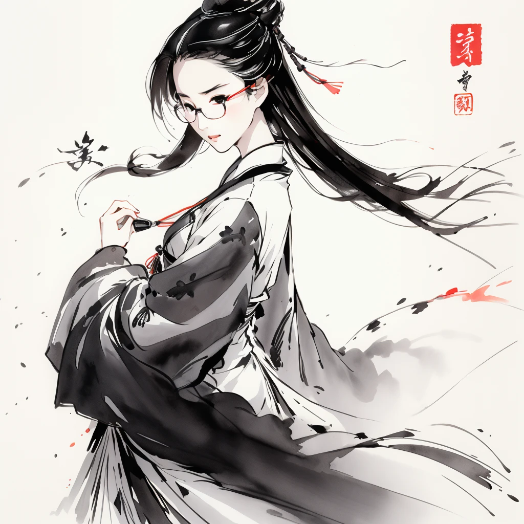 liuyifei, closeup, 1girl, wear glasses, Solo, Long hair, tradition Chinese dress, Black hair, Simple background, White background, Ink wind