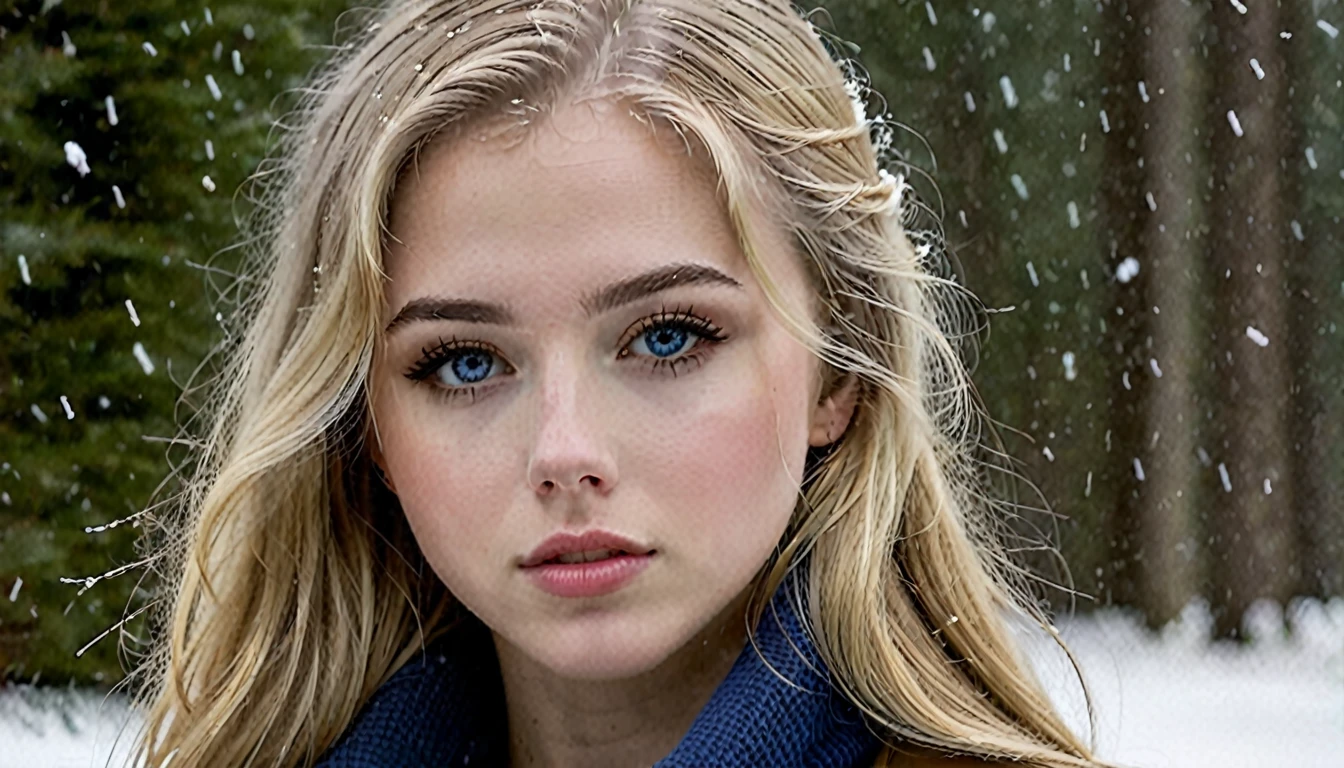 AlexiaThompson01R,, emerges from the snow falling outside, her straight blonde hair capturing the softness of flakes dancing in the wind. His expression is a mix of sadness and determination, reflected in your deep blue eyes, that seem to absorb the vastness of the Canadian winter. Tears join the cold raindrops on your cheeks, a melancholic synthesis of the nature that surrounds it. Her rosy lips and immaculately clear skin are markers of her innocence. ., while his arrogant stance indicates surprising inner strength. The direct, golden hair falls softly over the shoulders, adding an aura of serenity to your figure. AlexiaThompson01R is more than just a person lost in the vastness of the Canadian winter; She is a vision of beauty and resilience, a promise of hope in the midst of sadness. (completely naked) 