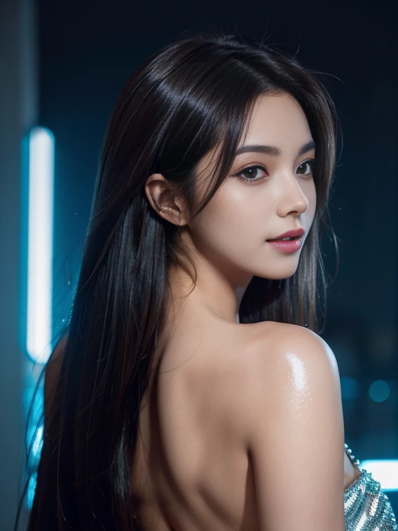 A beautiful woman in an extraordinarily shiny silver dress., put on makeup, (glossy lips: 1.4), high resolution, 8K, Cinema-grade lighting, thin, Medium bust, straight hair, detailed face, smile, Pictures taken from a distance, neon light on hair, go backless, go back, looking over her shoulder