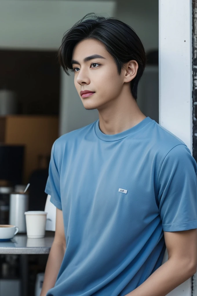 anime style boy, athletic but affectionate, chestnut, light eyes, clear skin