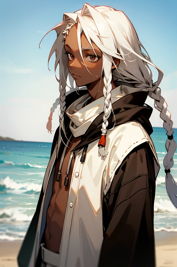 white colored hair, dreads, dark skin, brown eyes, black hoodie, on a beach, young male, upper body