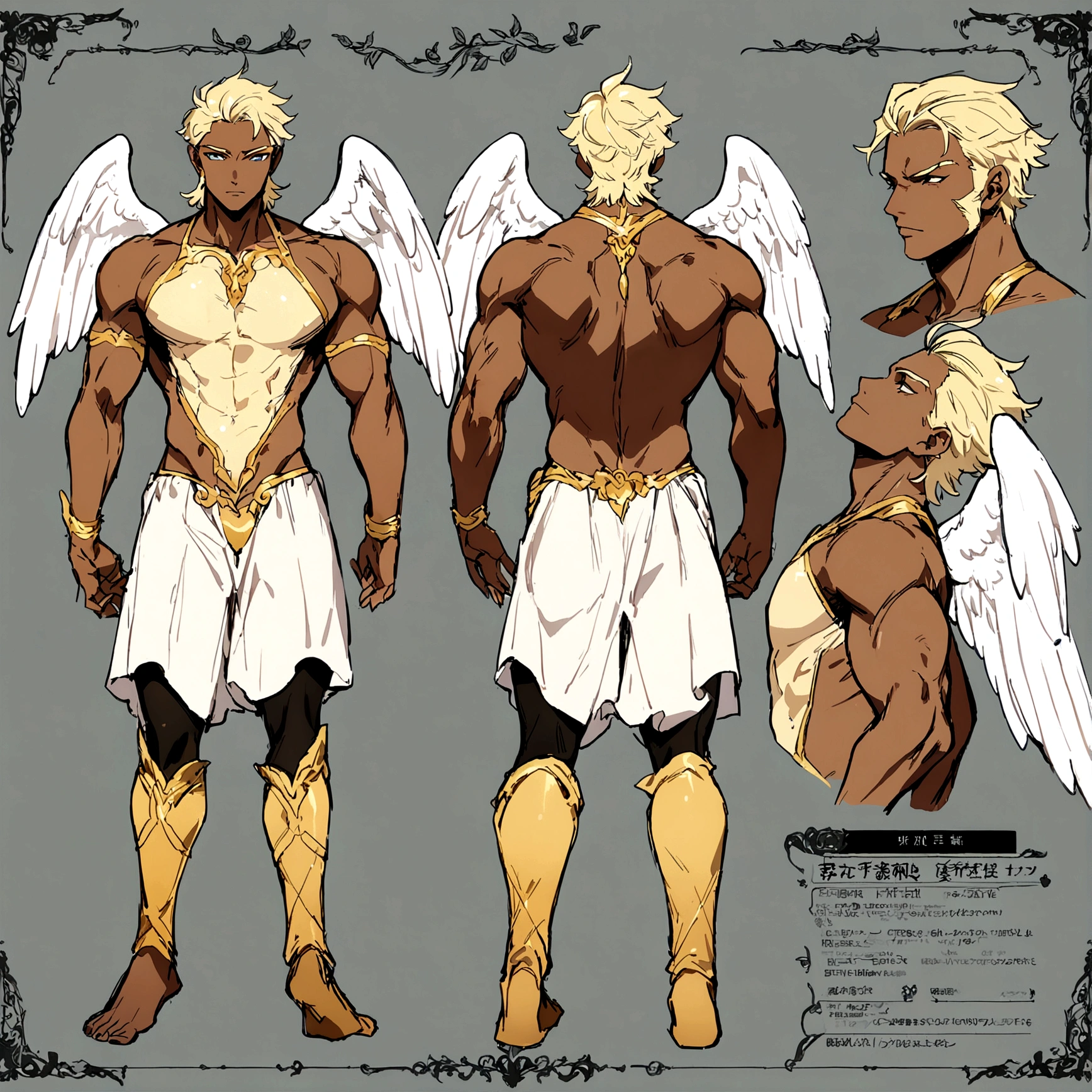 (Masterpiece, best quality), detailed, 1 man, ((character concept art)), ((character design sheet, same character, front, side, back)), full body, body complete, 1 Male angel, 1 Man angel, Detailed face, character design sheet，full bodyesbian, Highly detailed, character sheet, character design, Many parts, dark skin, angel wings, short blonde hair, angel outfit, muscle male god, male clothes, masculine, muscle man, male muscle, manly, male angel, Muscle male with short blonde hair，beautiful man, beautiful muscle man, 