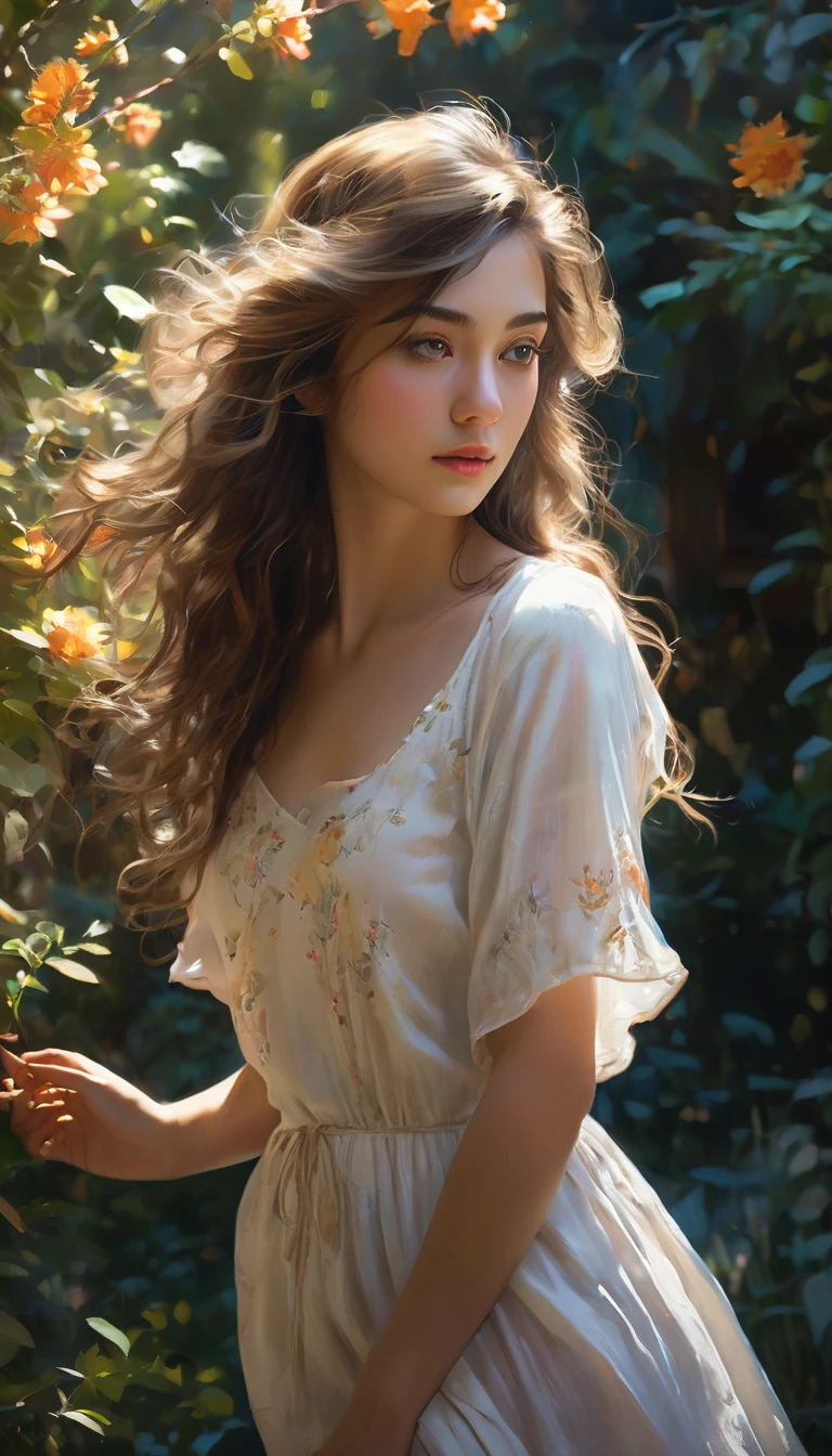 (best quality, highres, ultra-detailed, realistic:1.37), a half Italian girl with breathtaking beauty under the dappled sunlight, a nude art piece in the style of oil painting, depicted with stunning realism and intricate details. The girl has porcelain-like skin, radiant with a soft glow. Her mesmerizing eyes are filled with depth and emotion, enhanced with long, dark lashes. Her full, luscious lips are delicately painted with a hint of natural color. Long, flowing locks of hair cascade down her back, catching the gentle rays of sunlight.
The girl stands gracefully in a picturesque garden, surrounded by vibrant flowers and lush green foliage. The warm golden sunlight filters through the branches, casting enchanting shadows on her flawless form. The scene exudes a sense of tranquility and serenity, as if time has momentarily stood still.
The textures of the flowers and leaves are rendered with rich colors and intricate details, bringing them to life on the canvas. The overall composition showcases a harmonious balance between light and shadow, accentuating the girl's ethereal beauty.
The color palette of the painting is dominated by warm tones, with hints of soft pastels to add a touch of whimsy. The sunlight bathes the scene in a warm, golden glow, illuminating the girl's fair complexion and casting a soft, romantic atmosphere.
The lighting in the artwork is carefully crafted, emphasizing the natural play of light and shadow. The subtle interplay of highlights and shadows enhances the depth and dimensionality of the girl's figure, adding a sense of realism to the painting. The soft, diffused light further enhances the dreamlike quality of the scene, creating a magical and captivating ambiance.
The resulting artwork is a masterpiece of beauty and artistry, capturing the essence of a girl's innocence and vulnerability in a mesmerizing and timeless, (NSFW:1.2)