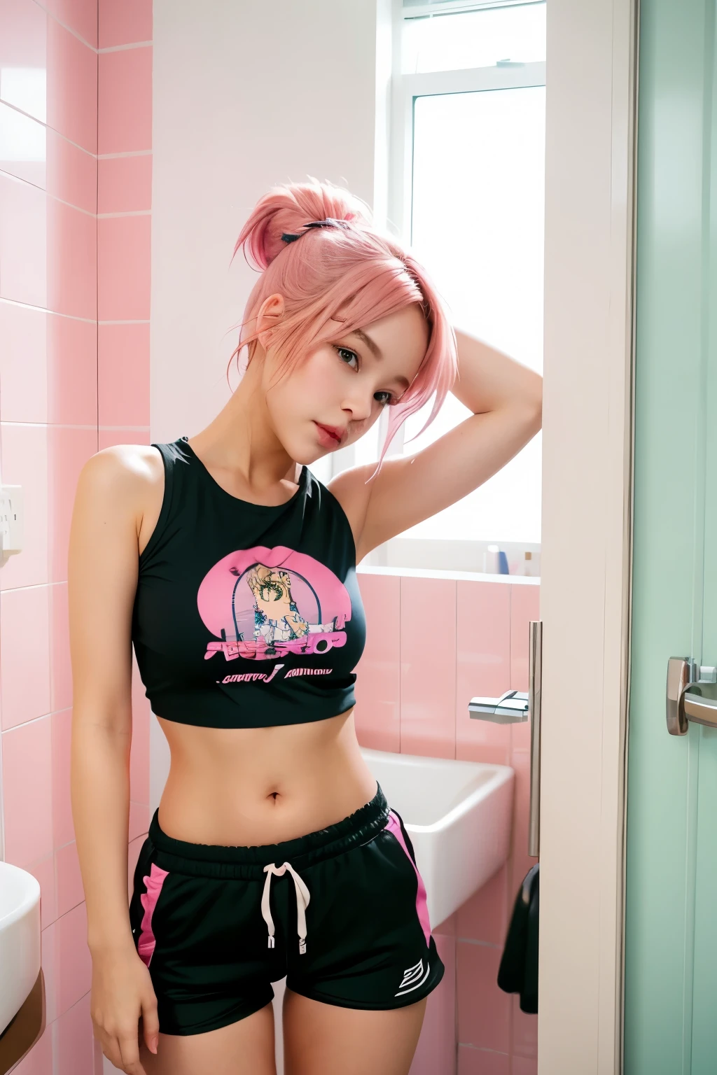 girl, pink hair, black top and shorts, in bathroom