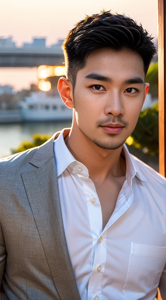 (realistically, Masterpiece, High resolution 8K, good light quality, Portrait, closed on face, complicated details), The most handsome Korean uncle., Beard，Age 40, Staring at desire, detailed face, Detailed eyes, look at the sky, shirt, suit lac suit，tick,黑Eyes, (Pale skin), body standards,brown hair, smooth hair,Big Back， Outdoor activities, evening, sunset,office room, Exaggerated, impersonal