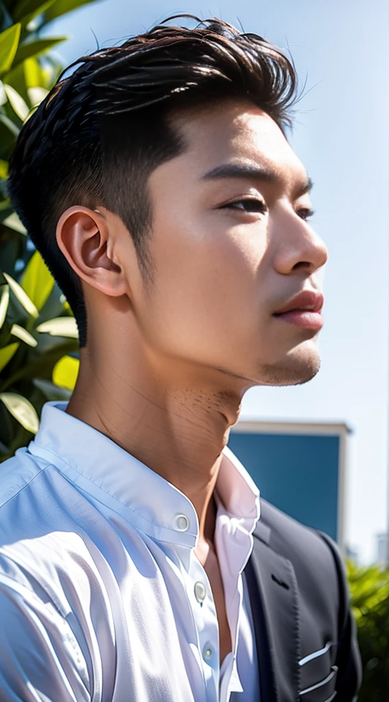 (realistically, Masterpiece, High resolution 8K, good light quality, Portrait, closed on face, complicated details), The most handsome Korean uncle., Beard,Age 40, Staring at desire, detailed face, Detailed eyes, look at the sky, shirt, suit lac suit,tick,黑Eyes, (Pale skin), body standards,brown hair, smooth hair,Big Back, Outdoor activities, evening, sunset,office room, Exaggerated, impersonal
