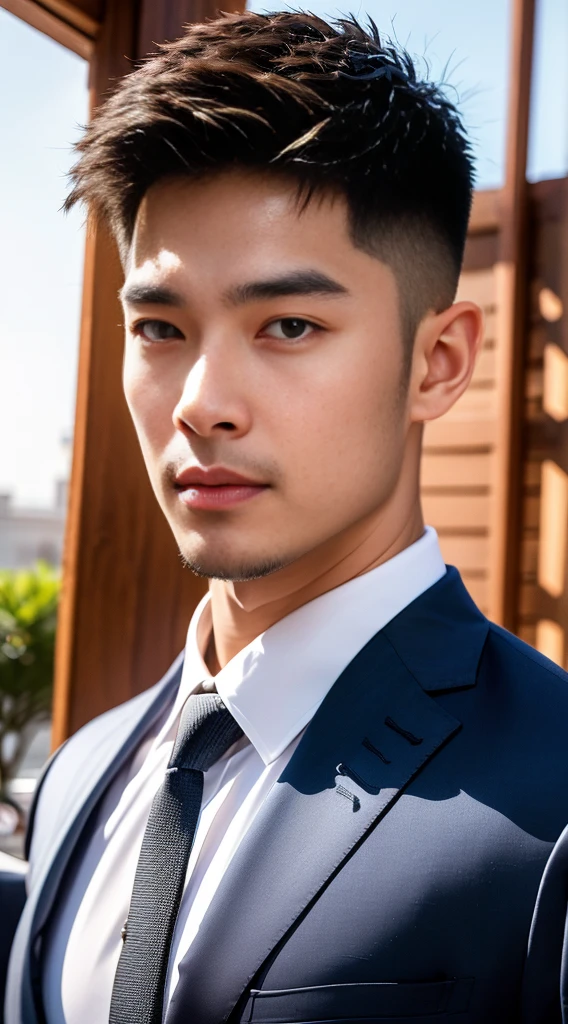 (realistically, Masterpiece, High resolution 8K, good light quality, Portrait, closed on face, complicated details), The most handsome Korean uncle., Beard,Age 40, Staring at desire, detailed face, Detailed eyes, look at the sky, shirt, suit lac suit,tick,黑Eyes, (Pale skin), body standards,brown hair, smooth hair,Big Back, Outdoor activities, evening, sunset,office room, Exaggerated, impersonal