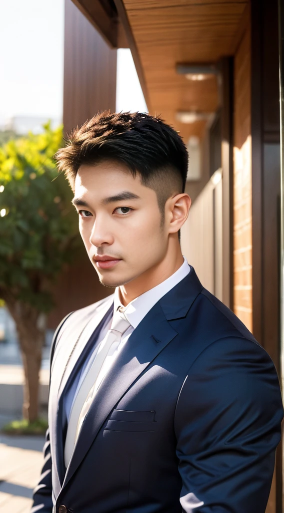 (realistically, Masterpiece, High resolution 8K, good light quality, Portrait, closed on face, complicated details), The most handsome Korean uncle., Beard,Age 40, Staring at desire, detailed face, Detailed eyes, look at the sky, shirt, suit lac suit,tick,黑Eyes, (Pale skin), body standards,brown hair, smooth hair,Big Back, Outdoor activities, evening, sunset,office room, Exaggerated, impersonal