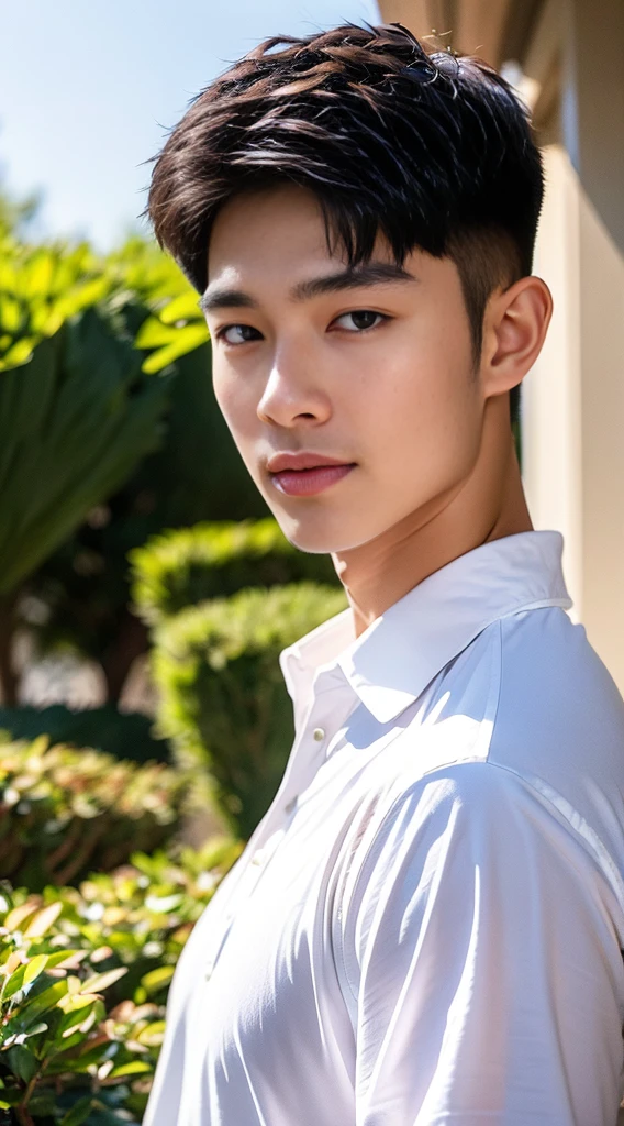 (realistically, Masterpiece, High resolution 8K, good light quality, Portrait, closed on face, complicated details), The most handsome Korean uncle., Beard,Age 40, Staring at desire, detailed face, Detailed eyes, look at the sky, shirt, suit lac suit,tick,黑Eyes, (Pale skin), body standards,brown hair, smooth hair,Big Back, Outdoor activities, evening, sunset,office room, Exaggerated, impersonal