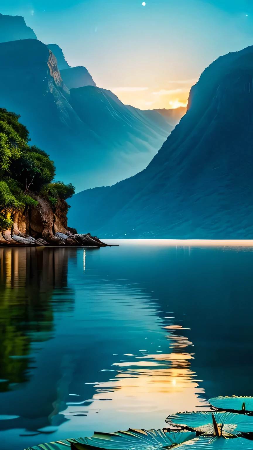 Envision a secluded lagoon encircled by majestic cliffs, with waters so clear they reflect the starry night sky above, creating an illusion of swimming among the stars. Bioluminescent fish and delicate water lilies add a touch of magic, glowing softly in the moonlight. The gentle lapping of the water against the shore, combined with the distant call of nocturnal birds, creates a symphony of serenity. As you float on the surface, the boundaries between water, sky, and self dissolve, leaving you in a state of pure, blissful relaxation.