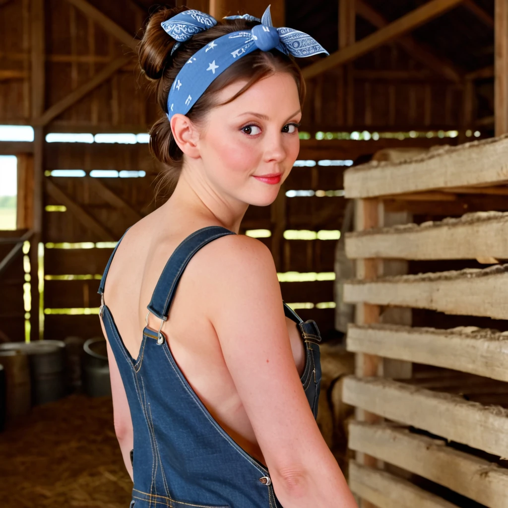 close up picture of m1ag0th woman, brunette hair bun, blue bandana, wearing only blue overalls jeans, in a barn, pearl movie, close up, in a barn with stacks, cocktease