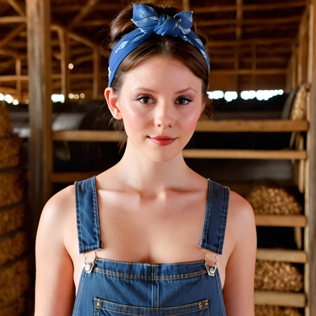 close up picture of m1ag0th woman, brunette hair bun, blue bandana, wearing only blue overalls jeans, in a barn, pearl movie, close up, in a barn with stacks, cocktease