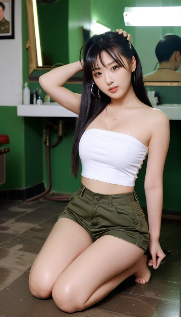 close-up of beautiful Chinese, Ningning is a AESPA South Korean pop girl group, age 22 years old girl, youthful face, perfect body, white body skin, long cut, black hair, straight hair, flat bangs cut, 36 inches breasts size, wearing a plain standard white strapless tube top, wearing a tight camouflage short pants, Ningning holding breasts with her own two hands is very sexy and sigh, Ningning squeezes the breasts very seductively, Ningning lowered her strapless tube top a little bit, Ningning sits on the military barbershop, Ningning pees in the military barbershop with a sigh and seductive, Ningning pees, Ningning peed herself until she was wet, ((peeing self)), ((wet pee)), I held my hair delicately, then I held the scissors in my right hand, then cut my hair using the scissor tool while sighing and sexy, strand after strand of Ningning’s hair fell, pieces of Ningning’s hair now filled the floor around where she was sitting, strand after strand of Ningning’s hair fell down, pieces of Ningning’s hair now filled the floor around where she was sitting, ((Ningning cuts her own hair using a scissor)), ((Ningning looks sighing and teasing while cutting her own hair using a scissor)), ((the remaining hair pieces were scattered on the military barbershop)), ((strand by strand of Ningning's hair fell to the floor)), ((the remaining hair pieces fell under the floor), sexy looking pose, pose a naughty look, pose looks seductive, at the military barbershop, military barbershop background, UHD
