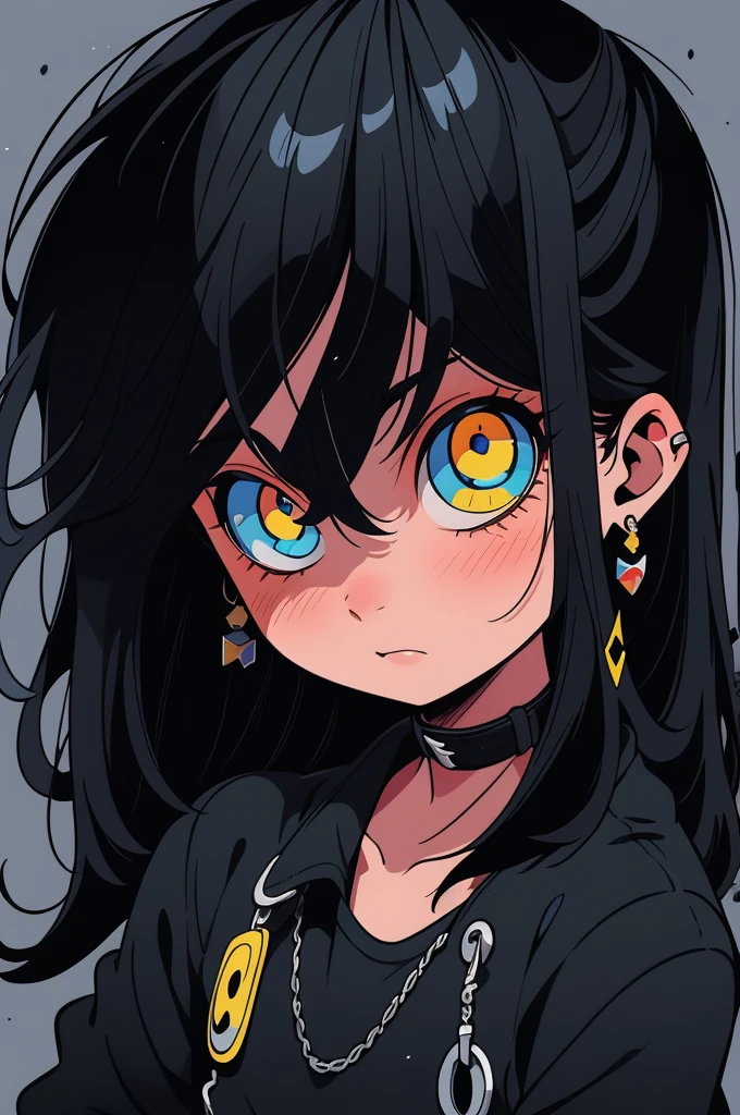 1chico, long black hair, heterochromia, a blue eye, a yellow eye, moreno