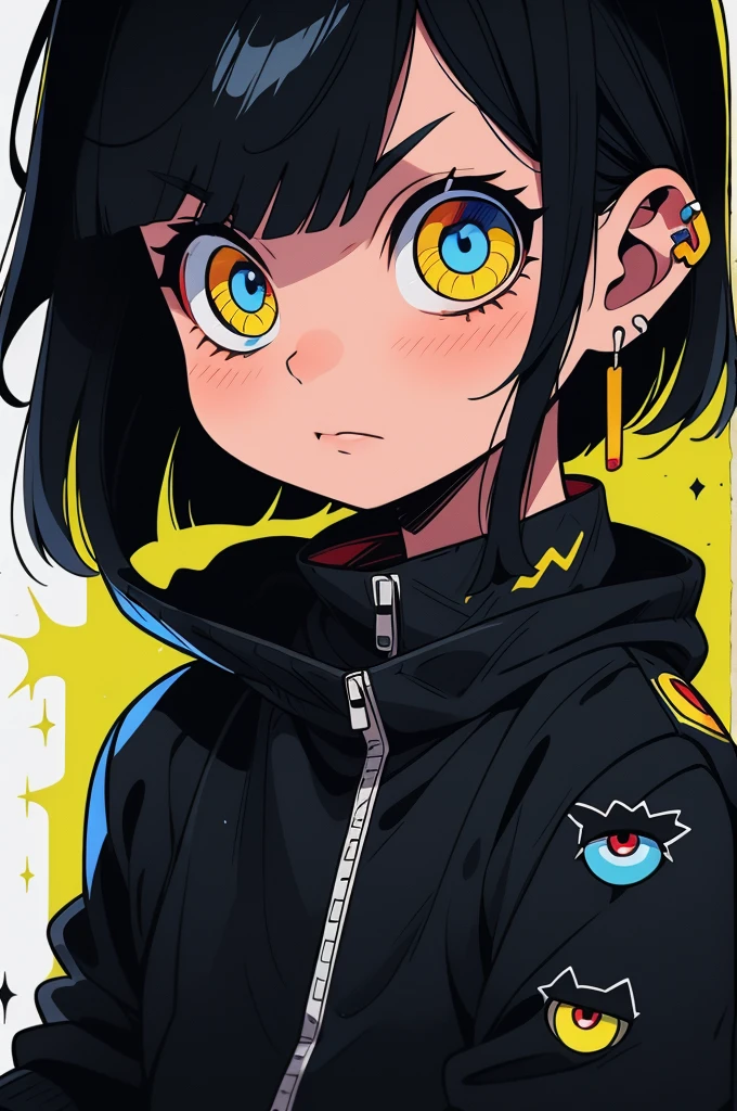 1chico, long black hair, heterochromia, a blue eye, a yellow eye, moreno