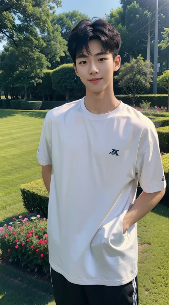 (As a matter of fact, Masterpiece, 8k HD, good light quality, sportswear, fit the face, complicated details), Handsome Korean young man, 20 years old, be happy, smile brightly, detailed face, delicate eyes, มองดูsky, Wear casual clothes, period, black eyes, Black hair color, ผมsmooth, smooth, outdoor sports, Along the garden, Sunny,sky,Surreal,Awesome details,Highest quality,real,