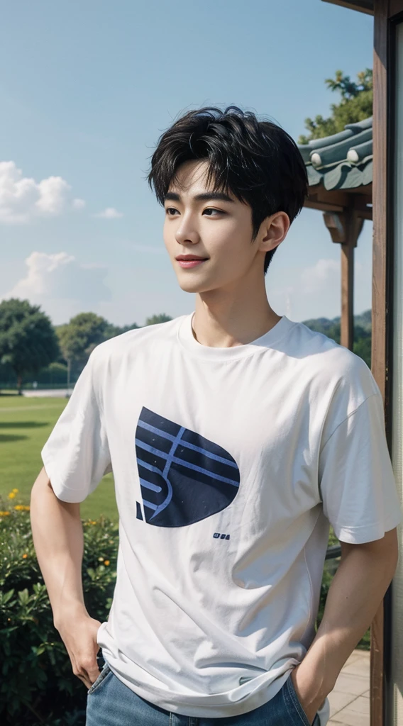 (As a matter of fact, Masterpiece, 8k HD, good light quality, sportswear, fit the face, complicated details), Handsome Korean young man, 20 years old, be happy, smile brightly, detailed face, delicate eyes, มองดูsky, Wear casual clothes, period, black eyes, Black hair color, ผมsmooth, smooth, outdoor sports, Along the garden, Sunny,sky，Surreal，Awesome details，Highest quality，real，