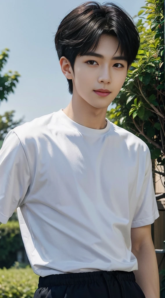 (As a matter of fact, Masterpiece, 8k HD, good light quality, sportswear, fit the face, complicated details), Handsome Korean young man, 20 years old, be happy, smile brightly, detailed face, delicate eyes, มองดูsky, Wear casual clothes, period, black eyes, Black hair color, ผมsmooth, smooth, outdoor sports, Along the garden, Sunny,sky，Surreal，Awesome details，Highest quality，real，