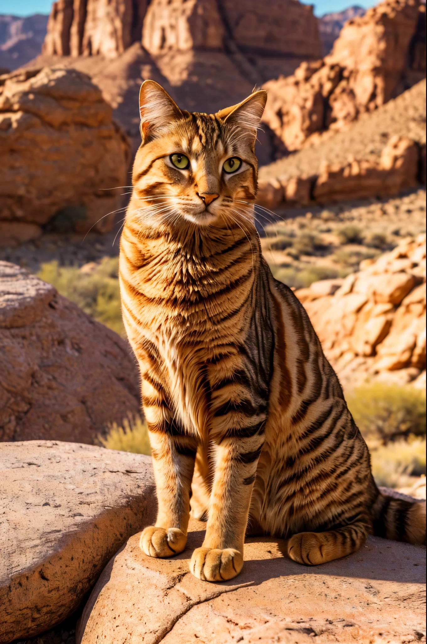 detailed desert landscape, mountains in background, 1 cat, golden cat, cat sitting on rock, beautiful detailed fur, extremely detailed eyes, highly detailed paws, photorealistic, cinematic lighting, warm color tones, natural environment, intricate details, (best quality,4k,8k,highres,masterpiece:1.2),ultra-detailed,(realistic,photorealistic,photo-realistic:1.37)