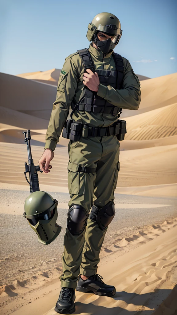 olive green armed guard with helmet and riot shield looking angry at me in desert