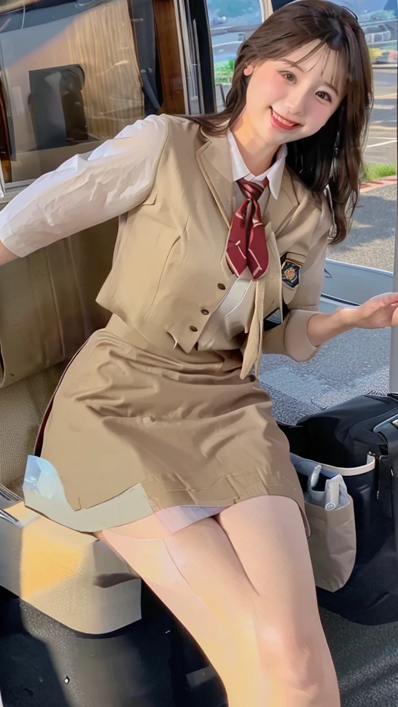 top-quality, ​masterpiece, 8K, 超A high resolution, (Photorealsitic:1.4), Korean beauty 1girl in、Beautiful face、symmetrical eye、Colossal 、Perfect body proportion、Stewardess uniform、Huge breasts，Cleavage，Look at viewers、(Inside the plane:1.2)、front-facing view、Shoulder、Absolute area(1.3)、A smile　erotic school uniform　((Amazing ultra-short ultra-micro mini skirt)) ((The shortest ultimate micro mini skirt:1.3)) ((Micro mini skirt for sex))(Colossal tits) (((Stewardess inviting to SEX:1.3)))((Roll up your skirt and show me your panties))((Stewardess for SEX:1.3)) ((No panties))