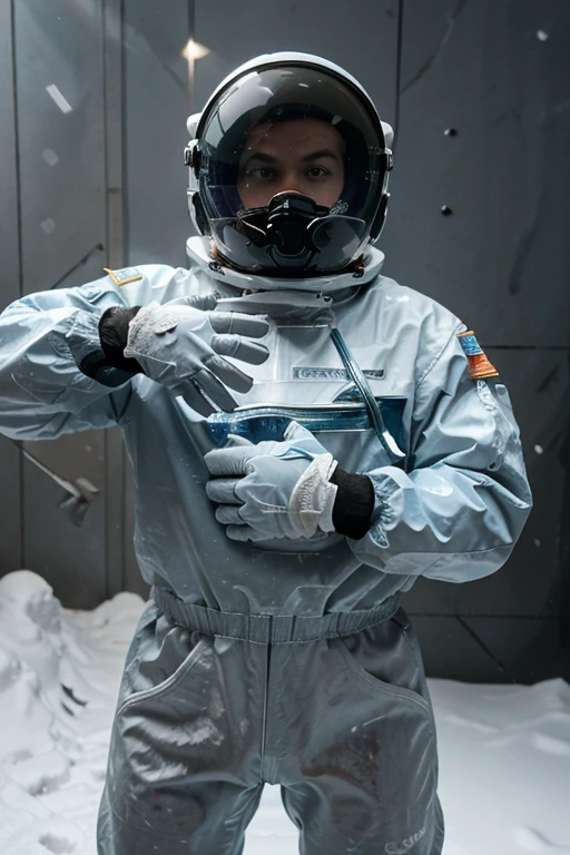 Astronaut looking scared at the viewer, transparent space helmet visor, gesturing with hands towards the viewer communicating with hands towards the viewer, expressing yourself, In the scenario there are immense frozen mountains. The soil and frozen environment, snow covered, icy storm,A humanoid polar white bear is hunting its food . In the scenario there are immense frozen mountains. The soil and frozen environment, snow covered, icy storm