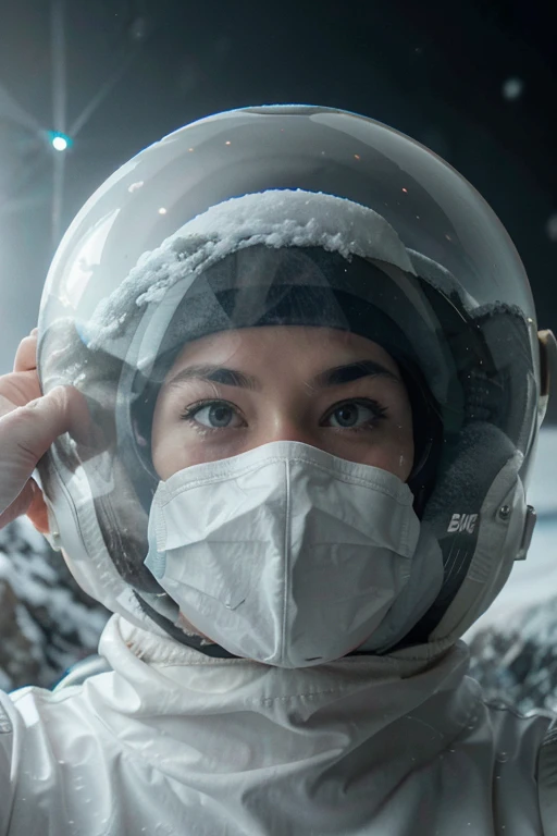 Astronaut looking scared at the viewer, transparent space helmet visor, gesturing with hands towards the viewer communicating with hands towards the viewer, expressing yourself, In the scenario there are immense frozen mountains. The soil and frozen environment, snow covered, icy storm,A humanoid polar white bear is hunting its food . In the scenario there are immense frozen mountains. The soil and frozen environment, snow covered, icy storm