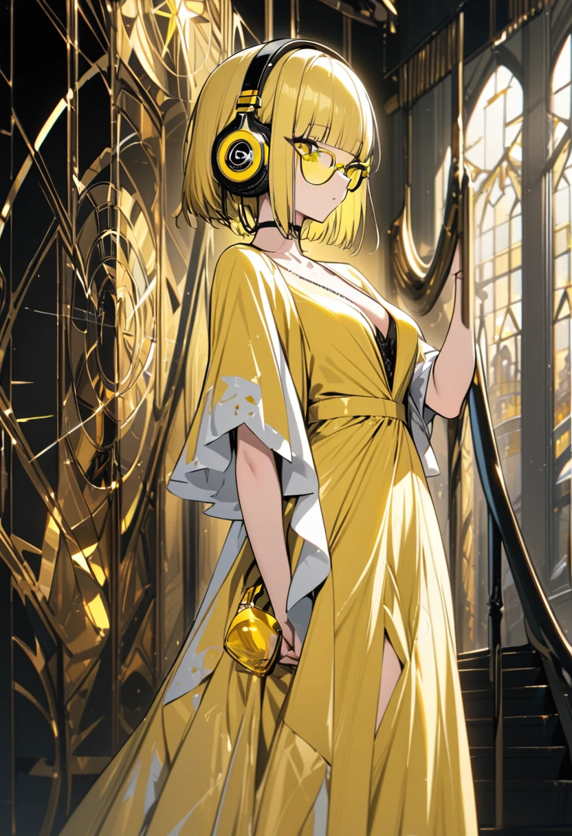 masterpiece, best quality, 16K, absurdres, insanely detailed, angelic, golden ratio beautiful, elegant dress, female, (((yellow glasses:1.3))), headphone, short hair, blunt bangs,