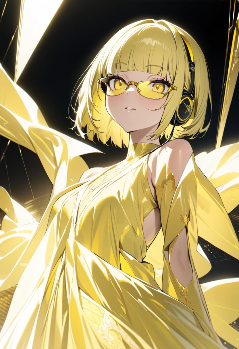 masterpiece, best quality, 16K, absurdres, insanely detailed, angelic, golden ratio beautiful, elegant dress, female, (((yellow glasses:1.3))), headphone, short hair, blunt bangs,