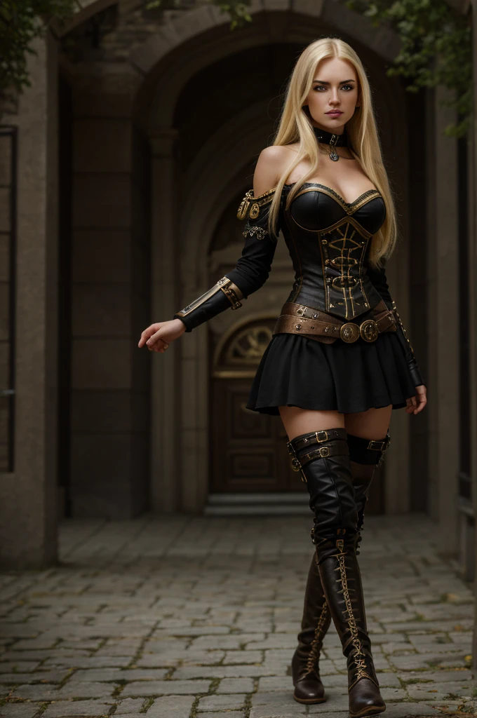 Masterpiece Best Quality, ultra high resolution, 4K detaillierte CG (Adriana Malkova 1.0) strahlende Augen, blondes Haar, Steampunk, with black splitoff Meshdress wearing Boots, 