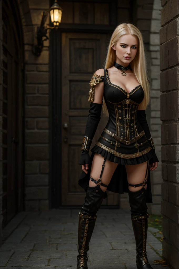 Masterpiece Best Quality, ultra high resolution, 4K detaillierte CG (Adriana Malkova 1.0) strahlende Augen, blondes Haar, Steampunk, with black splitoff Meshdress wearing Boots, 