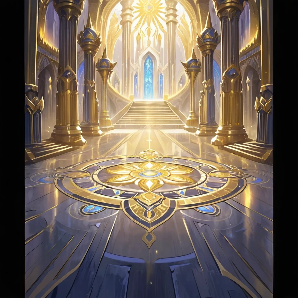 There is a picture of a very large room，There are many pillars inside, Kingdom of Light Background, Cathedral Background, Stunning mysterious background, interior background technology, cathedral of the sun, The Golden Throne Room, Palace Background, background technology, odin's stone Arena Background, decadent The Golden Throne Room, Glowing throne, Gorgeous border + Concept Art, Arena Background, World of Warcraft art style