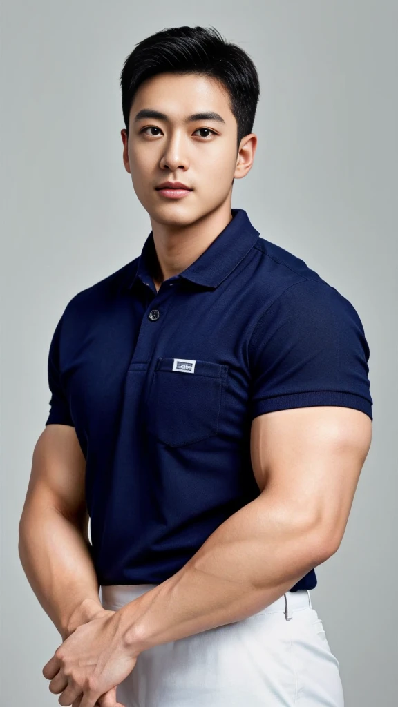 A male police officer in his 20s poses for a group photo....., Wear a navy blue polo shirt......................., high resolution, Masterpiece, best quality, head:1.3,, Smooth and fine skin, clear focus, (movie light), during the night, gentle light, Dynamic angle, [:(detailed face:1.2):0.2],(((exercise))), sport, His arm muscles were very big.........., hand in crotch.