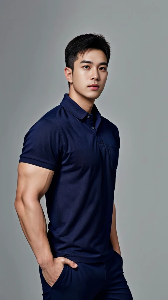A male police officer in his 20s poses for a group photo....., Wear a navy blue polo shirt......................., high resolution, Masterpiece, best quality, head:1.3,, Smooth and fine skin, clear focus, (movie light), during the night, gentle light, Dynamic angle, [:(detailed face:1.2):0.2],(((exercise))), sport, His arm muscles were very big.........., hand in crotch.