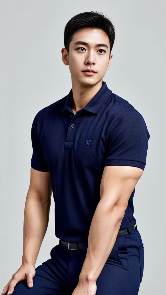 A male police officer in his 20s poses for a group photo....., Wear a navy blue polo shirt......................., high resolution, Masterpiece, best quality, head:1.3,, Smooth and fine skin, clear focus, (movie light), during the night, gentle light, Dynamic angle, [:(detailed face:1.2):0.2],(((exercise))), sport, His arm muscles were very big.........., hand in crotch.