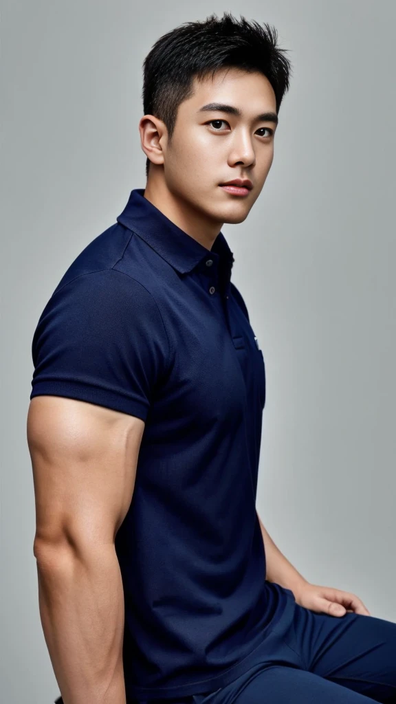 A male police officer in his 20s poses for a group photo....., Wear a navy blue polo shirt......................., high resolution, Masterpiece, best quality, head:1.3,, Smooth and fine skin, clear focus, (movie light), during the night, gentle light, Dynamic angle, [:(detailed face:1.2):0.2],(((exercise))), sport, His arm muscles were very big.........., hand in crotch.