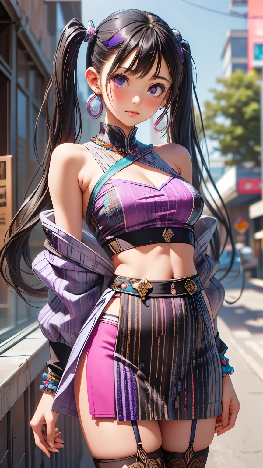 (Absurd, High resolution, Super detailed), (One girl:1.3), Twin tails, Purple Hair, break , Glitch Art, Digital Distortion, Pixelated Fragments, Data Corruption, Colorful Noise, Visual clutter, contemporary aesthetics break , Enamel Art, Glass-like surface, Vibrant colors, Glossy finish, Reflective Texture, Richly pigmented, fluid forms break , Ethnic Style, Traditional attire, Vivid patterns, Handmade textiles, Cultural Motifs, Beaded Jewelry, Artisan handmade accessories