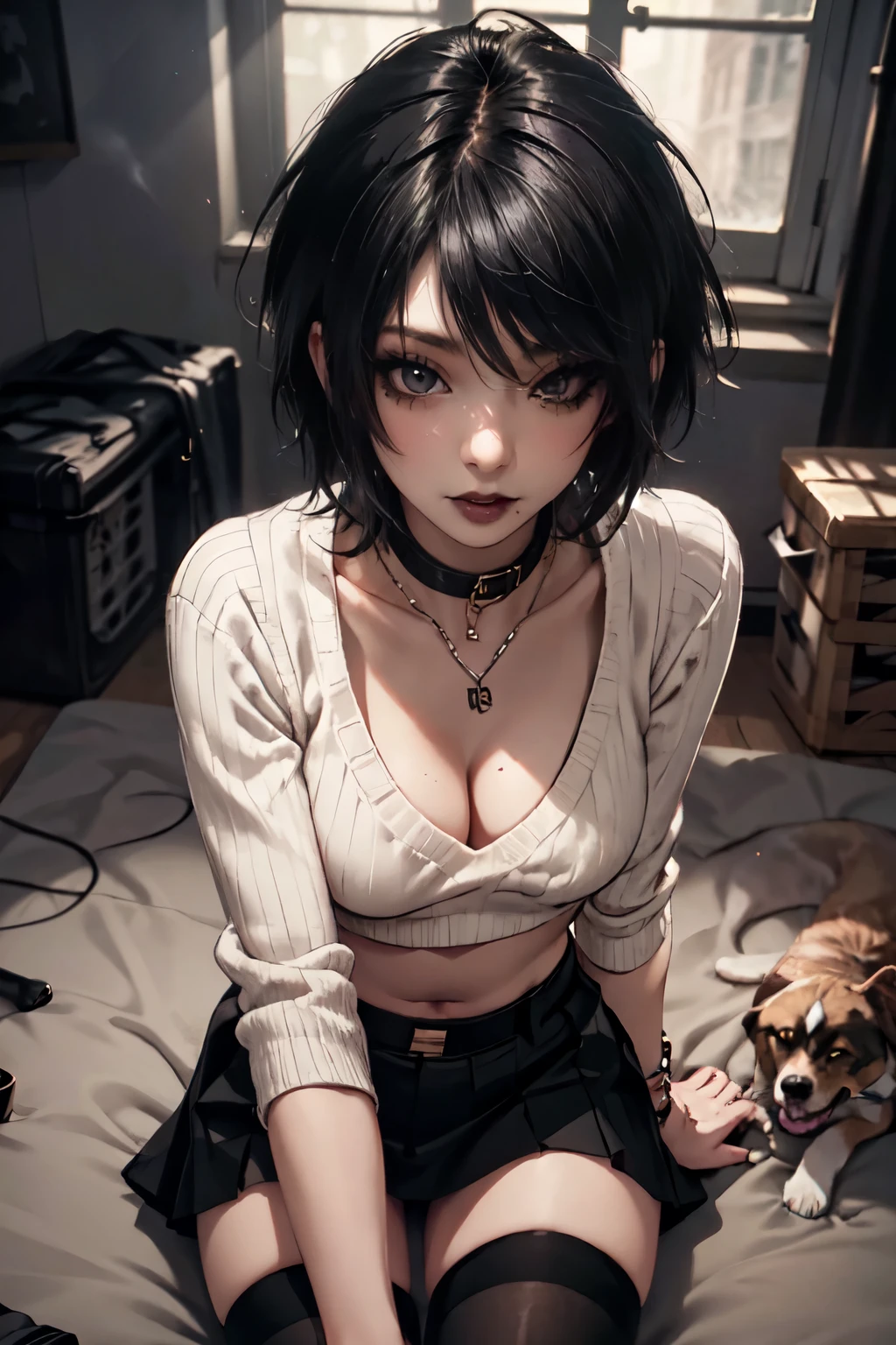 Girl, woman, emo_hairstyle, black lipstick, dog collar, eyeliner, eye shadow, smoky eyes, realistic lighting, short hair, cleavage, midriff sweater, short top, short skirt, thighhighs.