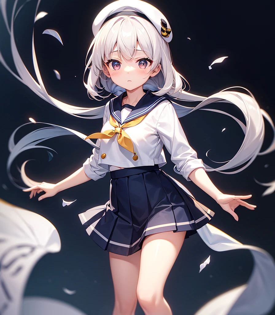 (Sailor suit),(((Navy Mini Skirt))),(White Beret),,Cute little loli,Tiny Lori,Small girl,,Childish face, Very fine clean face,Top quality, Big eyes,Straight Hair,Yellow hair,Crimson Eye,(Dark Room), Subtle light, Natural light,Soft lighting,Light from directly behind, (Are standing), Cute pose, (Open your hands), Showing the whole body,Front view,Black background