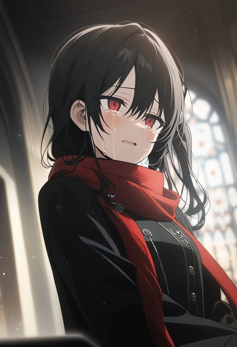 1girl chihuri, official art, sitting, crying, tears streaming, black coat, red scarf, black hair, side_ponytail, red eyes, (very aesthetic, best quality, ultra detailed), intricate details, highres, indoors, light particles, close-up, blurry background,, low angle, cinematic angle, cowboy shot, emotional, delicate features
