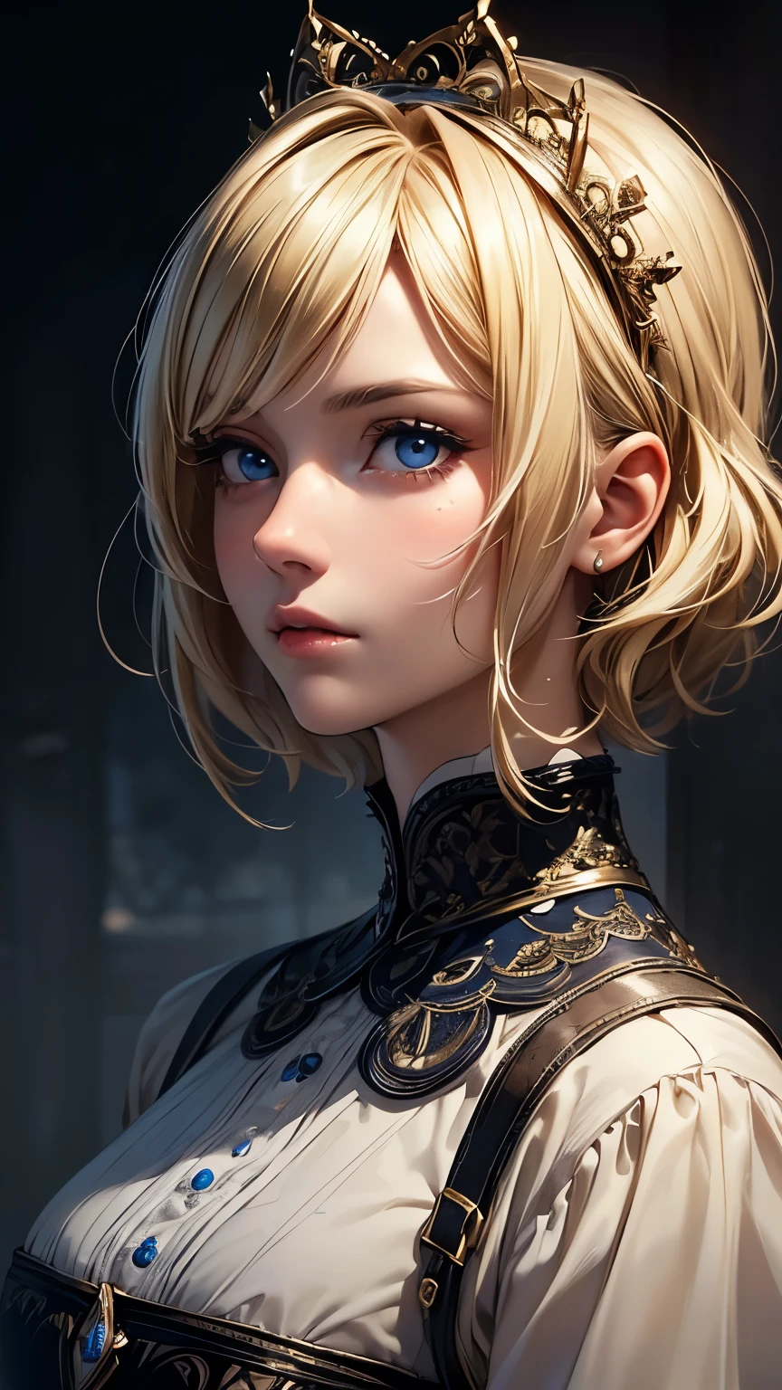 (masterpiece: 1.2, Highest quality), Realistic, (Realistic Picture, Intricate details, Depth of written boundary), Highest quality, masterpiece, Very detailed, Semi Realistic, 1 Girl, Mature Woman, 21 years old, Blonde, shoulder-length short hair,, The left eye is covered with hair, blue eyes, King's Clothes, Red Cape, Slim figure, A crown made of precious gold, Read the document, Document marking, Goose hair pen, Office Table, Soft bench, palace, palaceで, middle ages