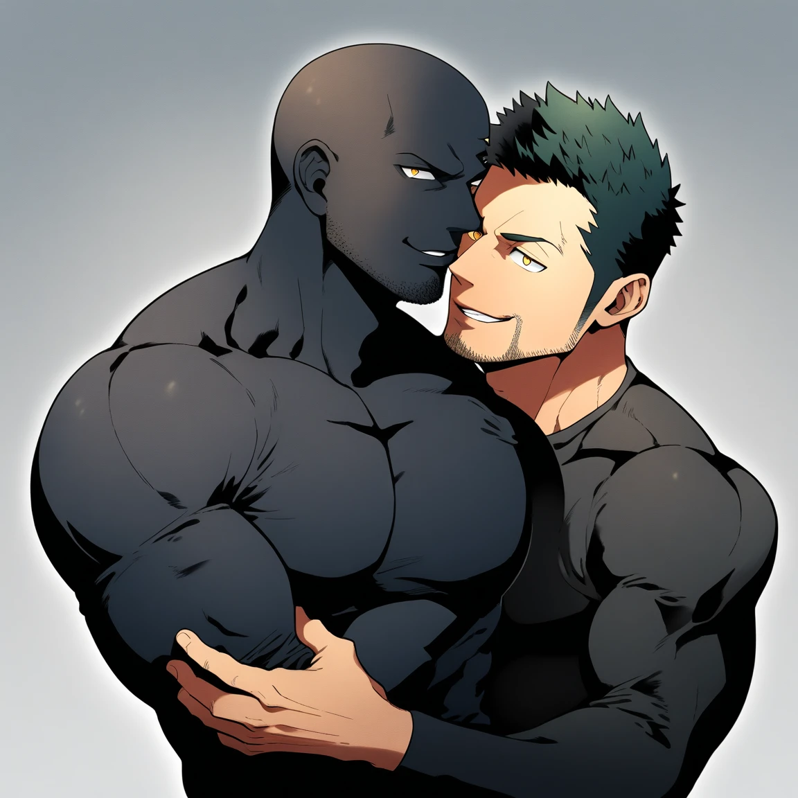 anime characters：Two superheroes in tights, Priapus and Muscle skinhead superhero, negro black skin, They hugged and kissed each other, Bite your neck, Caress, Manliness, male focus, Yellow and black high collar long sleeve tight T-shirt, Slightly transparent material, Very tight, Round, full and perky chest muscles, Muscle waist, Slightly transparent, muscular male, muscular, only, Upper body, alone, Black short hair, Thick eyebrows, stubble, Yellow eyes, Grey background, simple background, amazing quality, best aesthetics, Ridiculous, bright pupils, crew cut, parted lips, seductive smile, torogao, naughty face, drop shadow, best quality