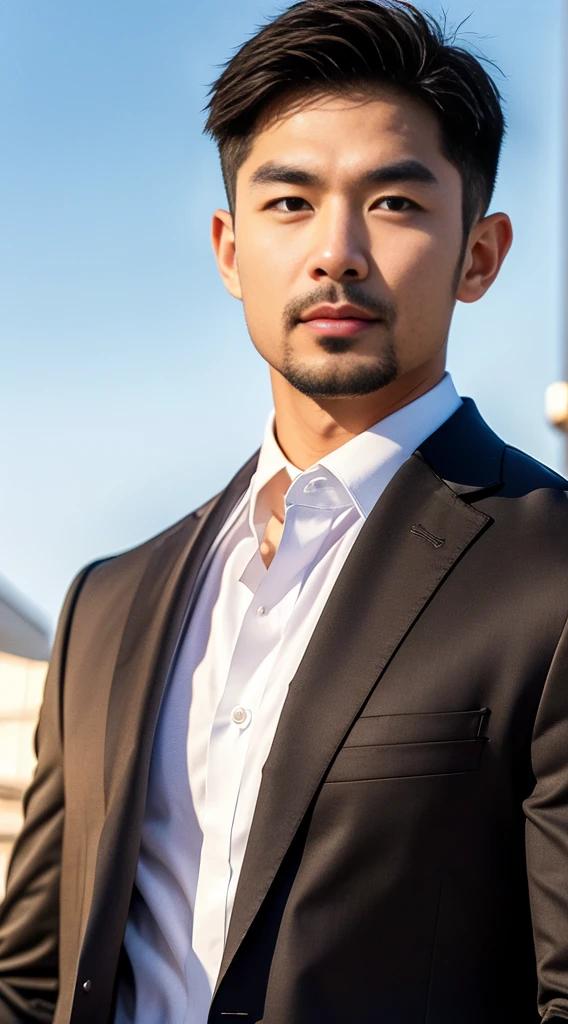 (realistically, Masterpiece, High resolution 8K, good light quality, Portrait, closed on face, complicated details), The most handsome Korean uncle., Beard,Age 40, Staring at desire, detailed face, Detailed eyes, look at the sky, shirt, suit lac suit,tick,黑Eyes, (Pale skin), body standards,brown hair, smooth hair,Big Back, Outdoor activities, evening, sunset,office room, Exaggerated, impersonal