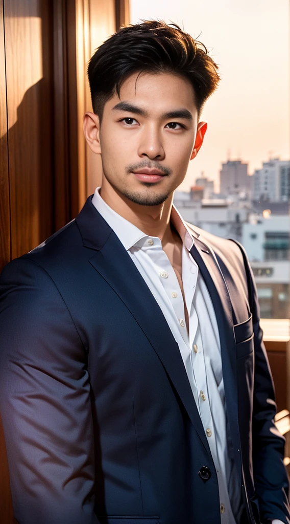 (realistically, Masterpiece, High resolution 8K, good light quality, Portrait, closed on face, complicated details), The most handsome Korean uncle., Beard，Age 40, Staring at desire, detailed face, Detailed eyes, look at the sky, shirt, suit lac suit，tick,黑Eyes, (Pale skin), body standards,brown hair, smooth hair,Big Back， Outdoor activities, evening, sunset,office room, Exaggerated, impersonal