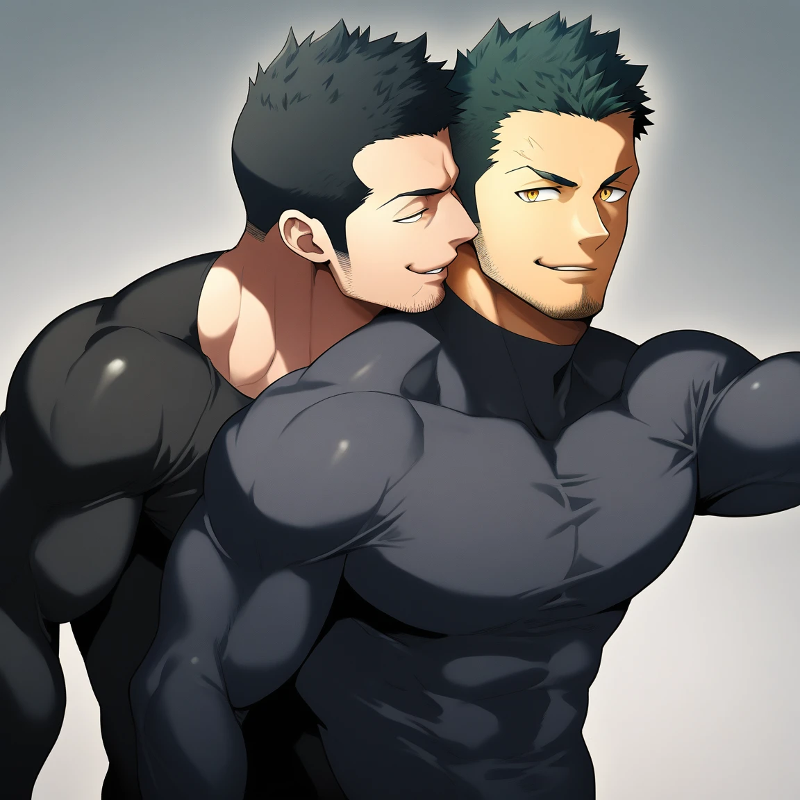 anime characters：Two superheroes in tights, Priapus and Muscle skinhead superhero, negro black skin, They hugged and kissed each other, Bite your neck, Caress, Manliness, male focus, Yellow and black high collar long sleeve tight T-shirt, Slightly transparent material, Very tight, Round, full and perky chest muscles, Muscle waist, Slightly transparent, muscular male, muscular, only, Upper body, alone, Black short hair, Thick eyebrows, stubble, Yellow eyes, Grey background, simple background, amazing quality, best aesthetics, Ridiculous, bright pupils, crew cut, parted lips, seductive smile, torogao, naughty face, drop shadow, best quality