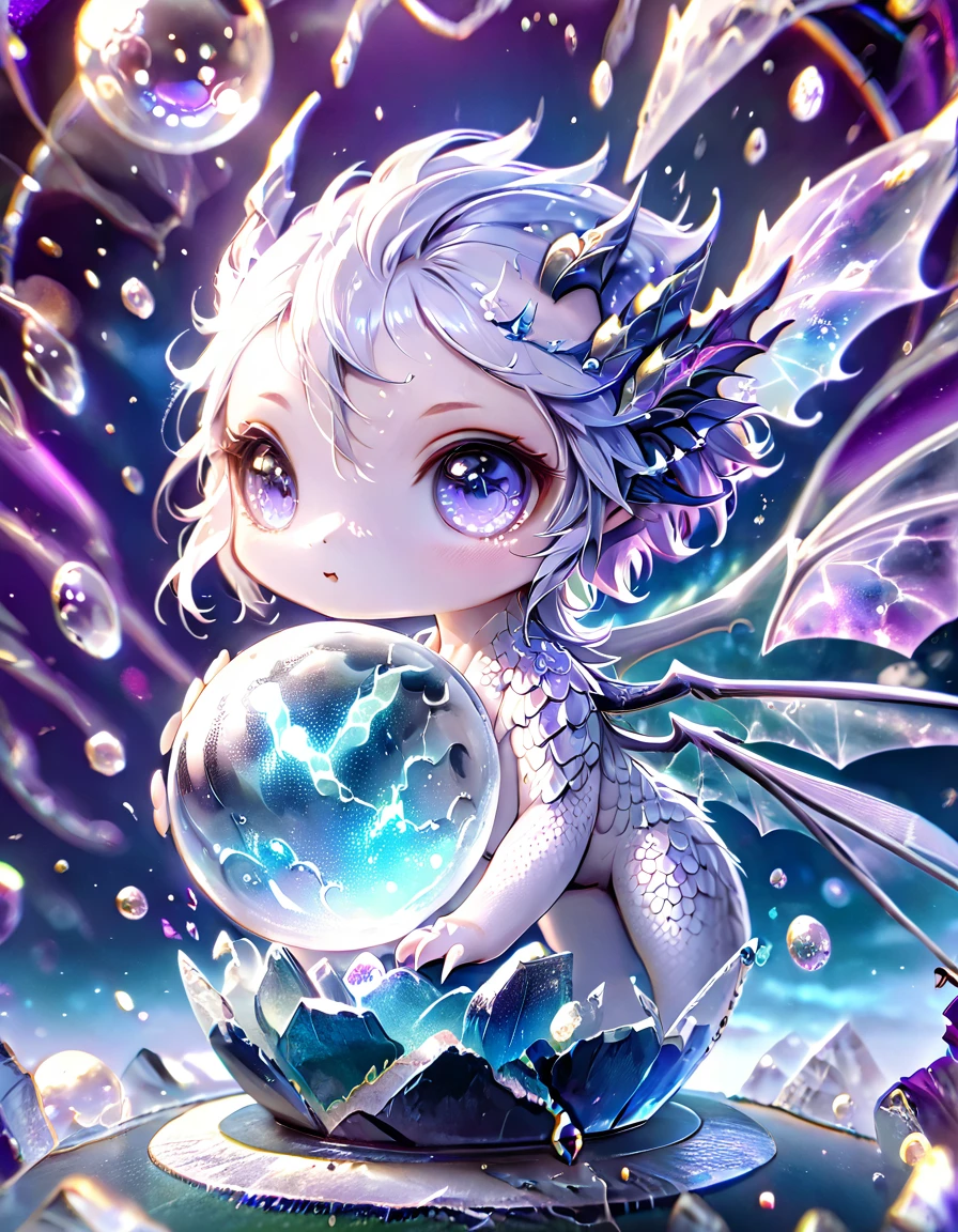 absurdres, highres, ultra detailed, HDR, master piece, best quality, crystal ball, small white dragon, expressive blue eyes, blue horns, wings, fantasy magical background, sparkling, shining, purple lightning, floating round lights, starry, void, broken glass style