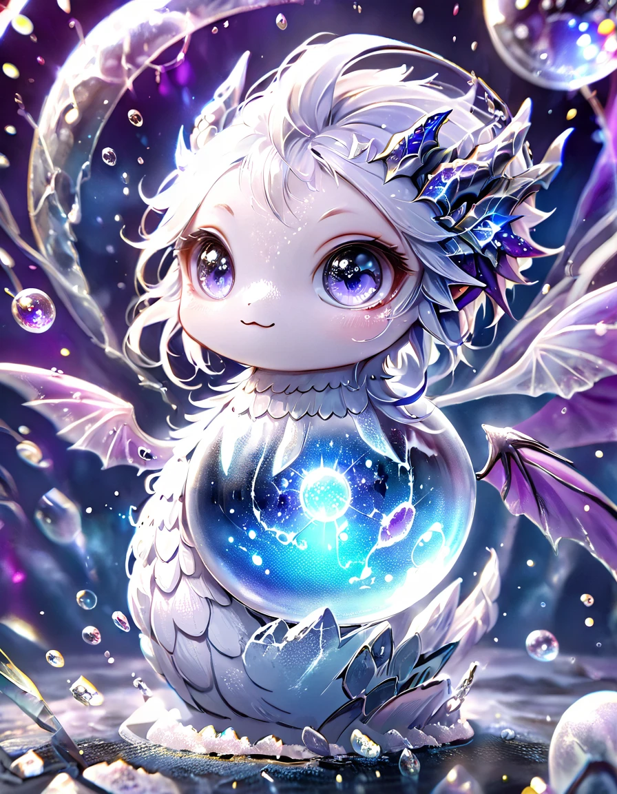 absurdres, highres, ultra detailed, HDR, master piece, best quality, crystal ball, small white dragon, expressive blue eyes, blue horns, wings, fantasy magical background, sparkling, shining, purple lightning, floating round lights, starry, void, broken glass style