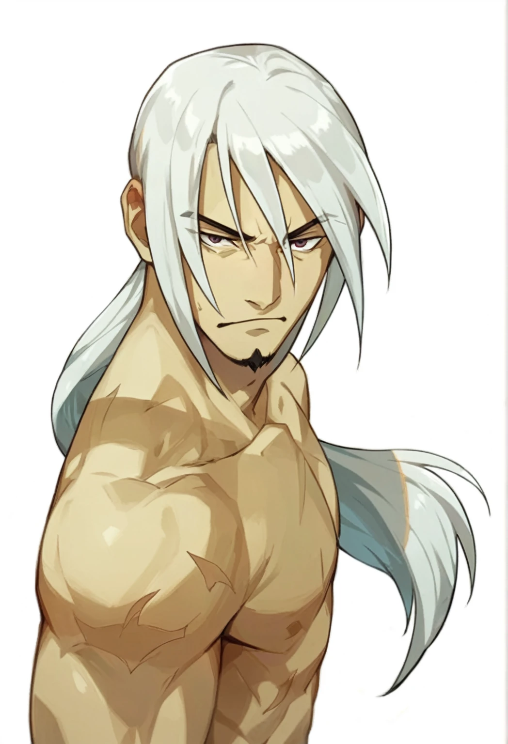 a close-up of a man with black hair and a black beard, malicious smile, yee chong silver fox, kazuma kaneko, male anime character, white hair, sylas, Hajime Yatate, king of fighters character, anime handsome man, fighting game character, anime tribal boy with long hair, a crazy woman with silver hair, white hair deity