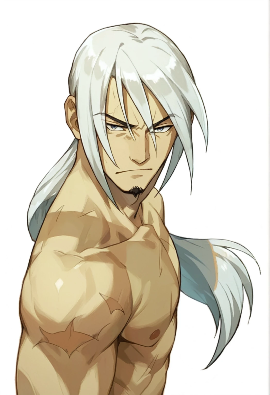a close-up of a man with black hair and a black beard, malicious smile, yee chong silver fox, kazuma kaneko, male anime character, white hair, sylas, Hajime Yatate, king of fighters character, anime handsome man, fighting game character, anime tribal boy with long hair, a crazy woman with silver hair, white hair deity